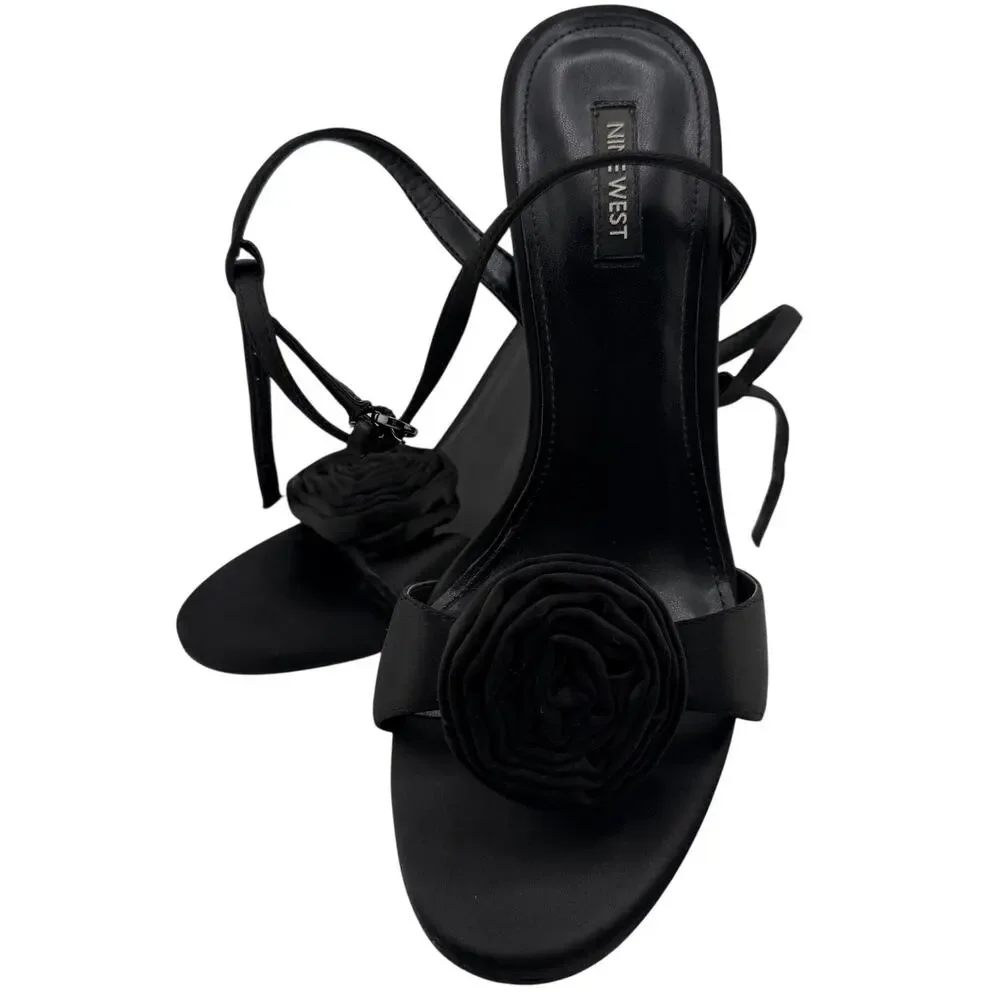 Nine West Neve Rosette Ankle Strap Black Heel Sandals Size 9.5 Ladies Shoes